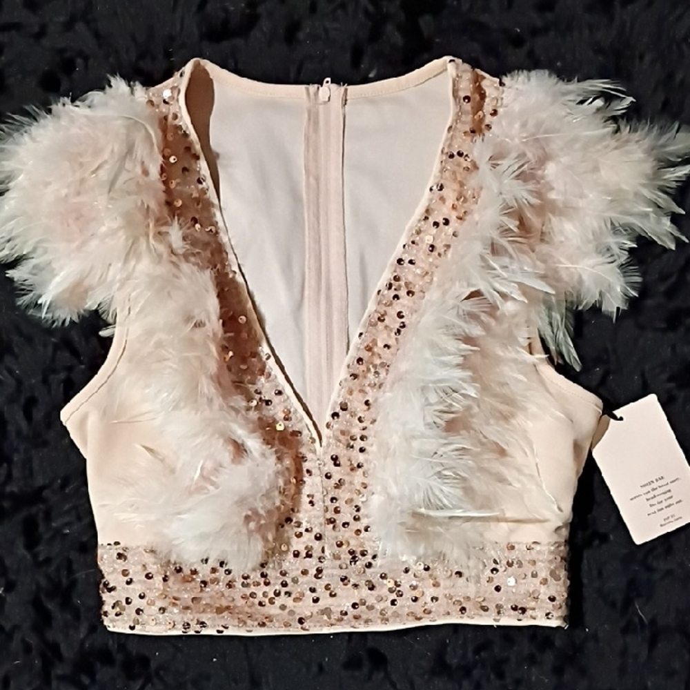 Elegant Feather Embellished Top - Cream